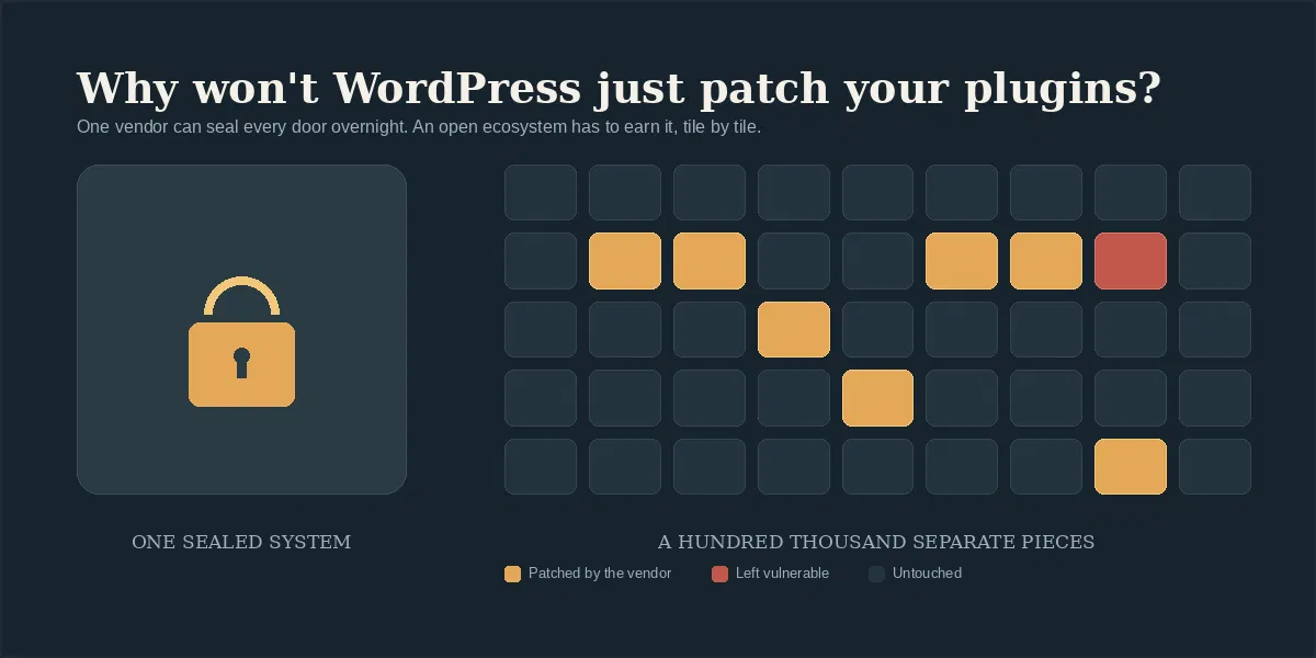 Illustration for why WordPress does not auto-patch plugins