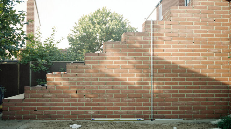 A half built red brick garden wall whose top edge climbs in even steps from left to right, with bricks still waiting to be laid at the tall end