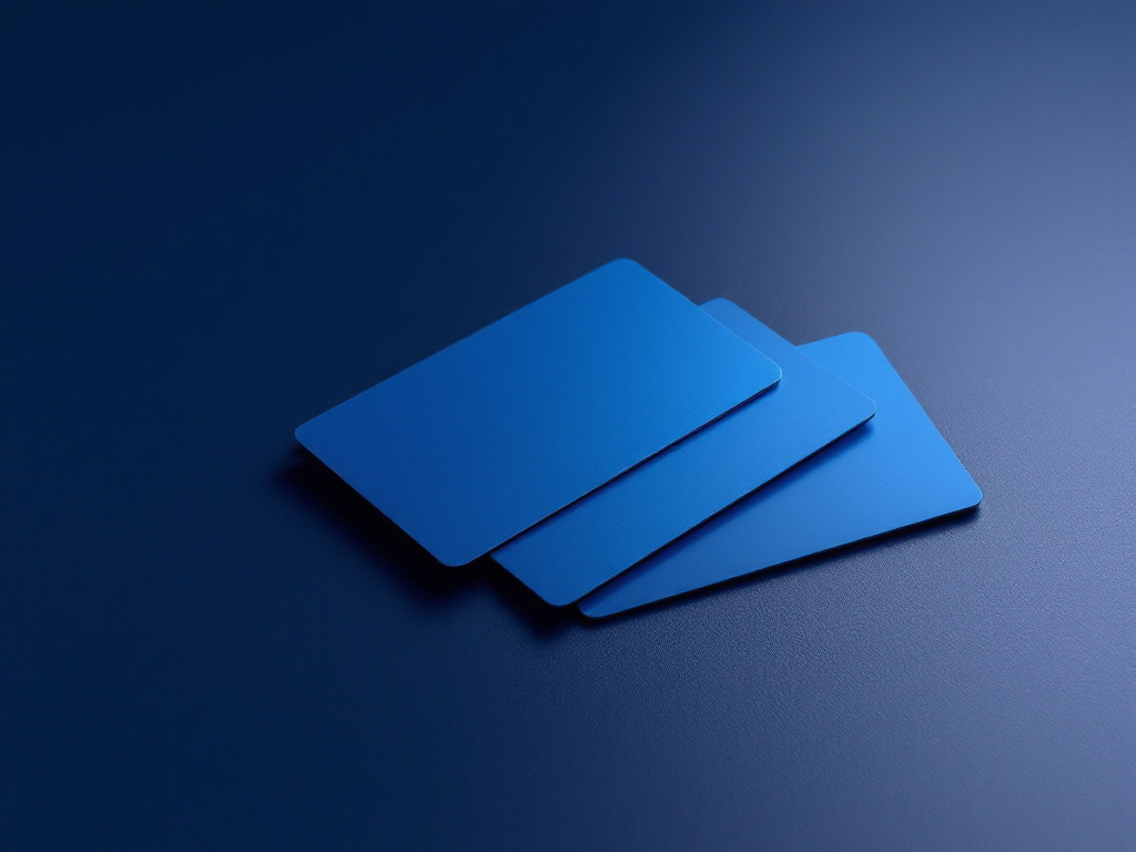 Three plain unbranded payment cards fanned out on a dark navy surface