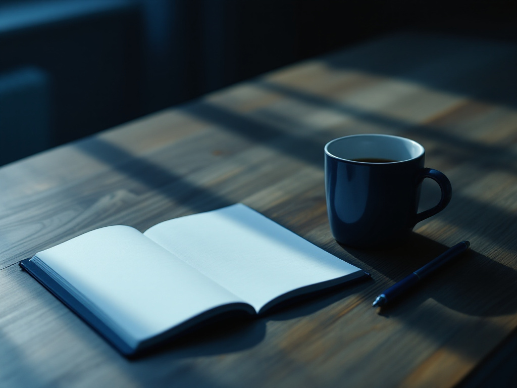 An open blank notebook, a pen and a mug of tea on a wooden kitchen table in cool early morning light